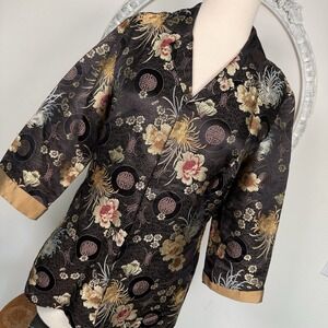 CHICO'S Sz 0 Women's Asian Floral Blazer Jacket Black Satin Gold Metallic Small